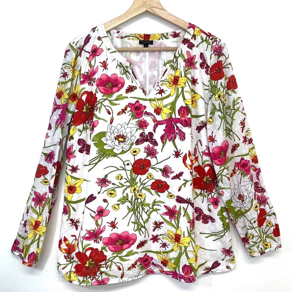 Talbots‎  Floral Swiss Dot V-Neck Blouse Medium Lined All Cotton Long Sleeve